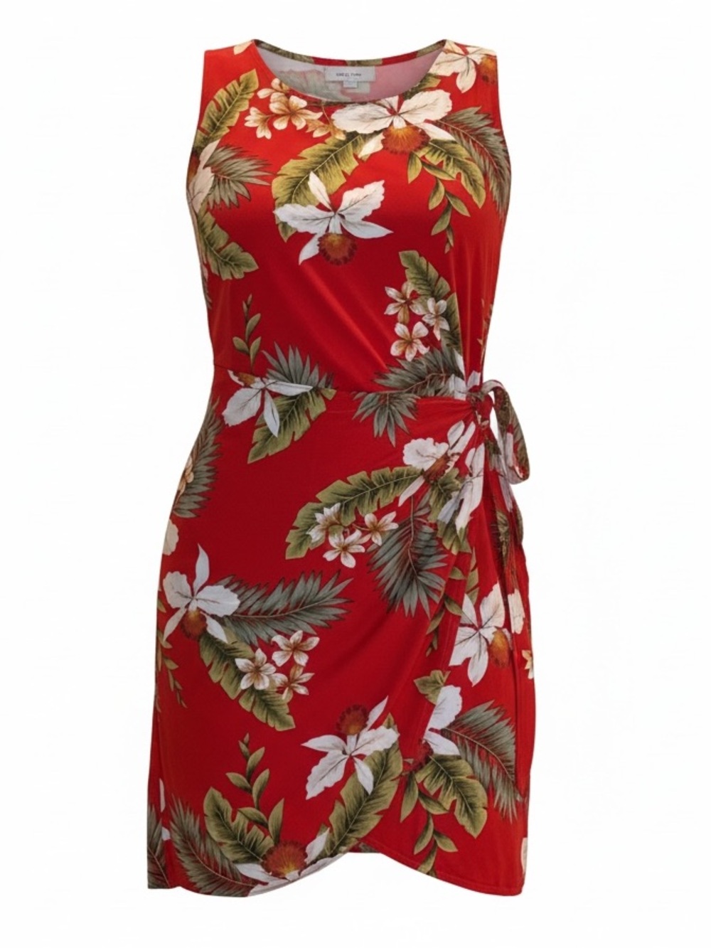 Two Palms Made in Hawaii Red Tropical Floral Rayon Faux Wrap Mini Dress S